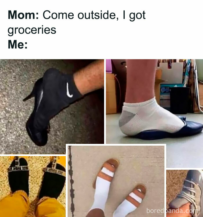 A collection of images showing people wearing socks with various mismatched shoes, representing 'Mom: Come outside, I got groceries' for a good mood tonight.