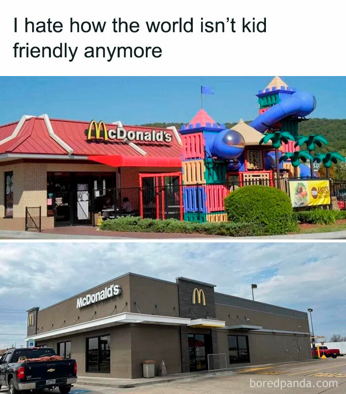 A split image comparing an old McDonald's with a large colorful playground to a modern, plain McDonald's. Hilarious memes.