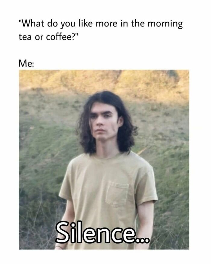 Hilarious meme of a person preferring silence over tea or coffee in the morning, setting a good mood.