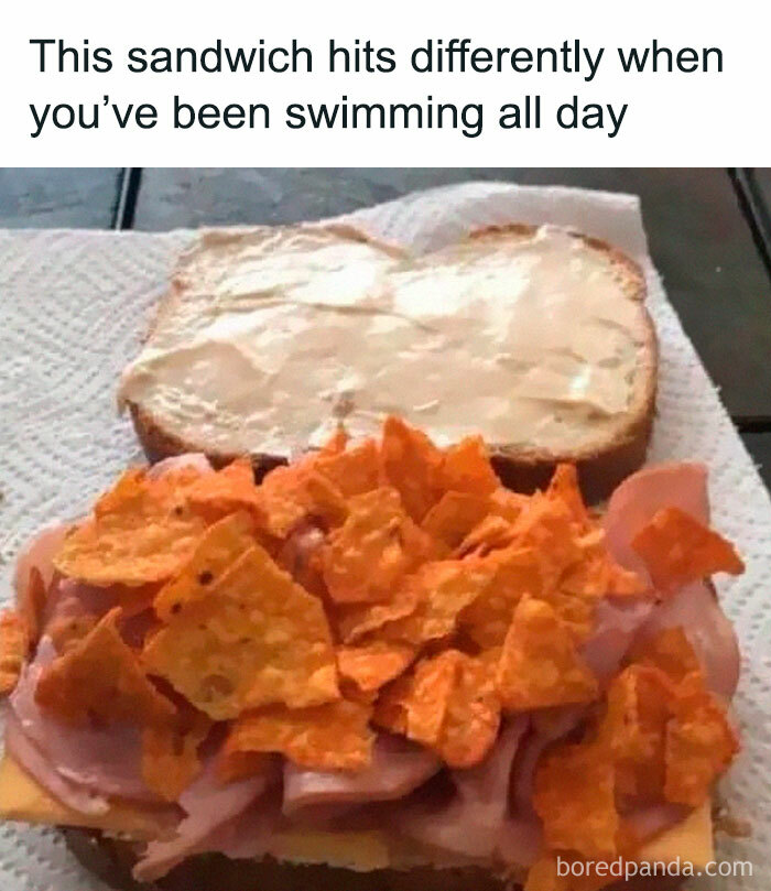 A sandwich filled with ham, cheese, and Doritos, a unique snack featured in hilarious memes.