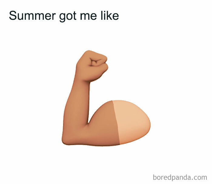 An emoji of an arm showing a tan line, illustrating the effect of summer, a hilarious meme.