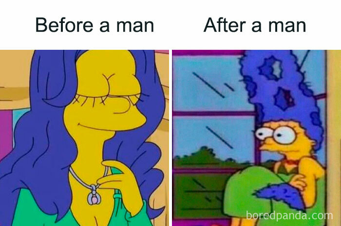 A hilarious meme of Marge Simpson before and after a man, perfect for a good mood tonight.