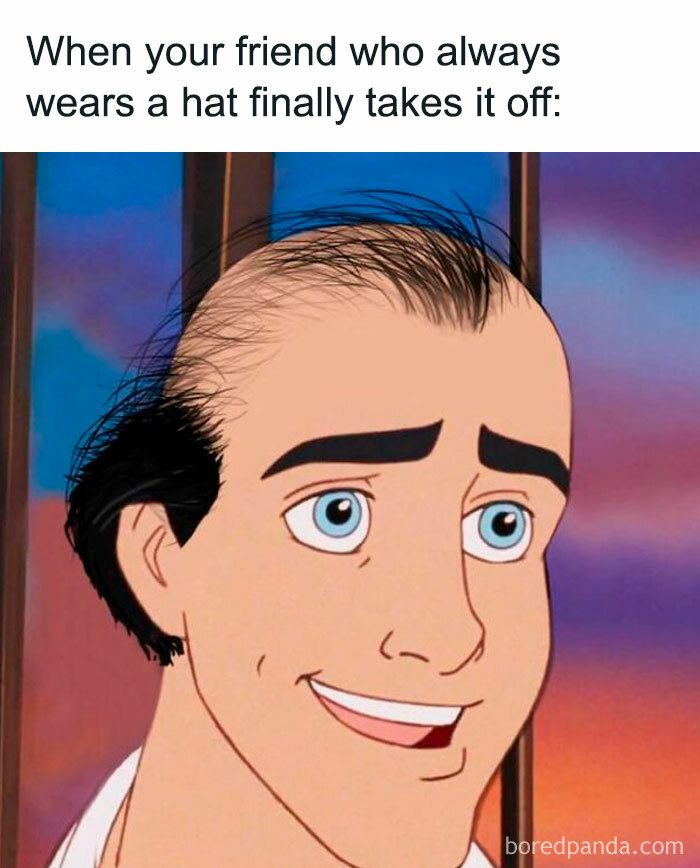 A cartoon man with a receding hairline after taking off his hat, a hilarious meme.