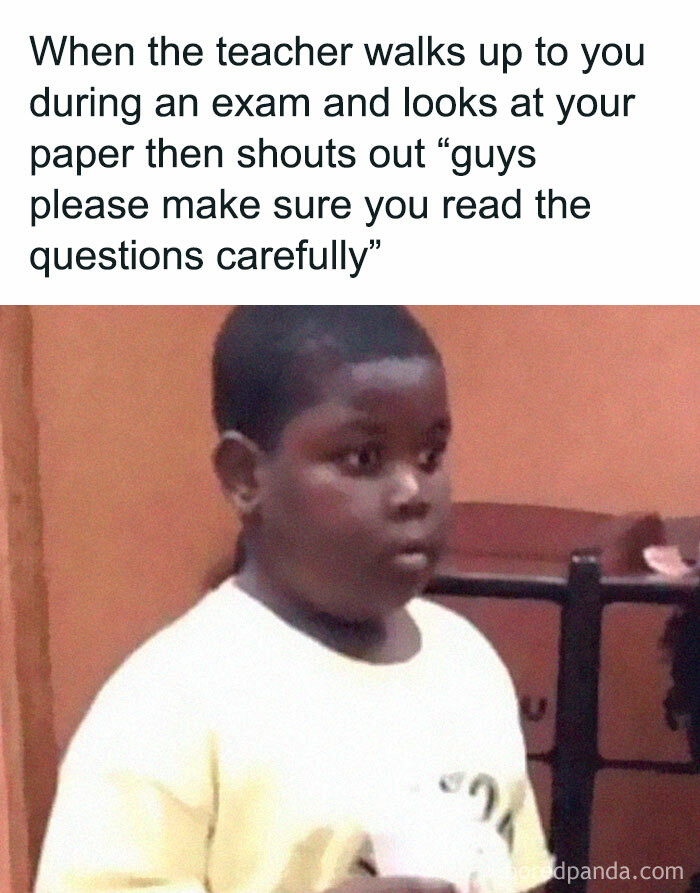 Hilarious meme of a surprised child, depicting the relatable moment a teacher comments during an exam.