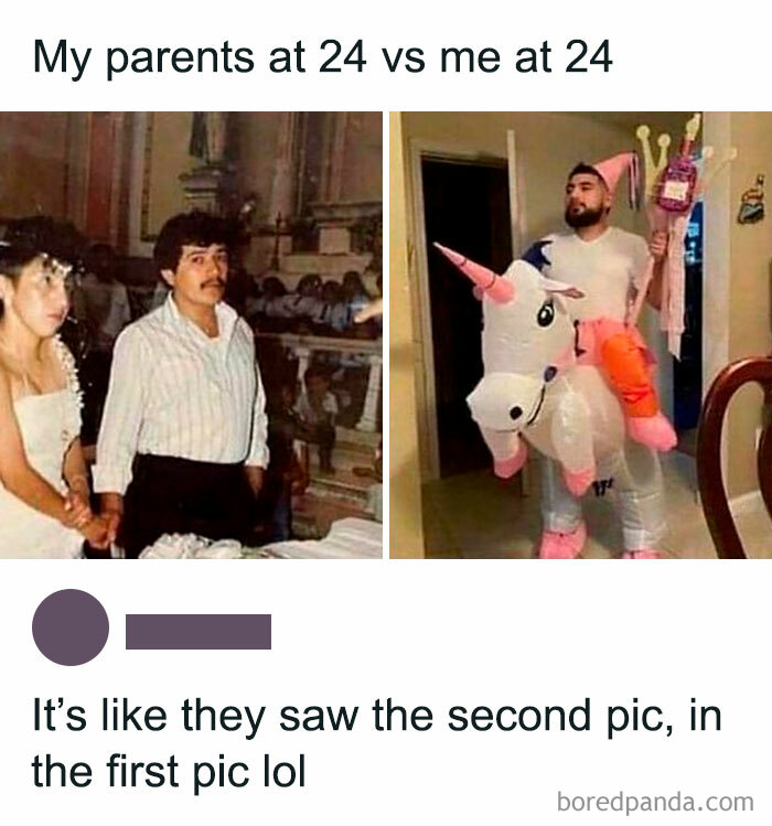 A split meme comparing parents at 24 looking serious at their wedding and a man at 24 riding an inflatable unicorn, for hilarious memes.