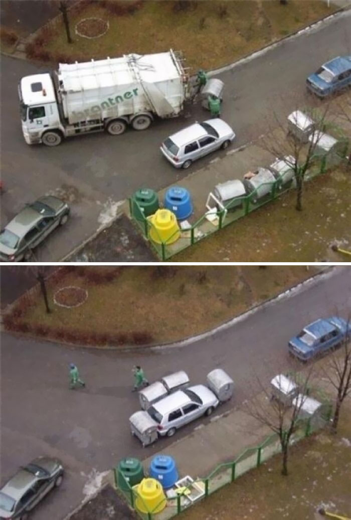 A white car parked between two large dumpsters, demonstrating how people got back at someone through parking.