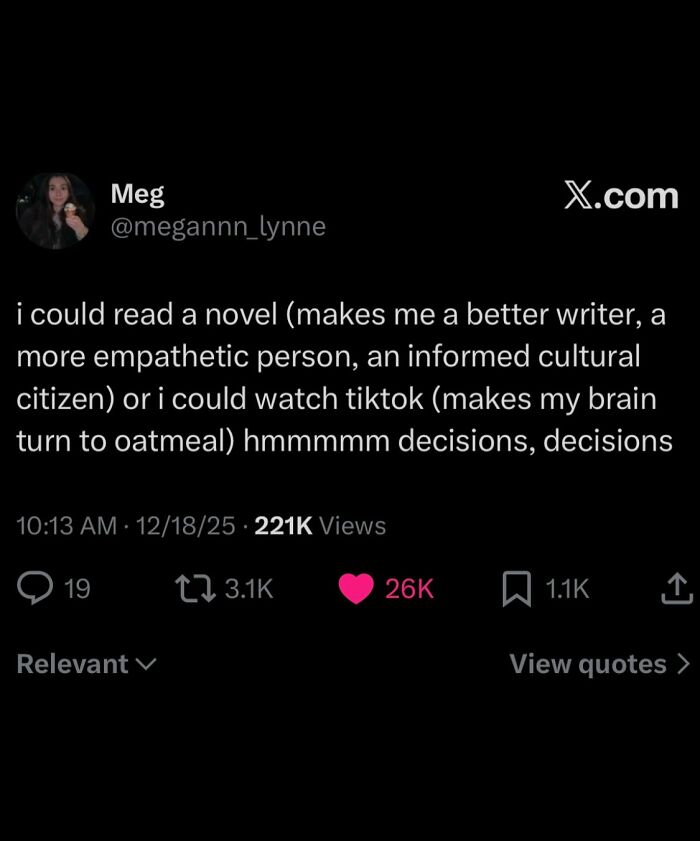 A serotonin meme showing a dilemma between reading a novel or watching TikTok, for comfort.