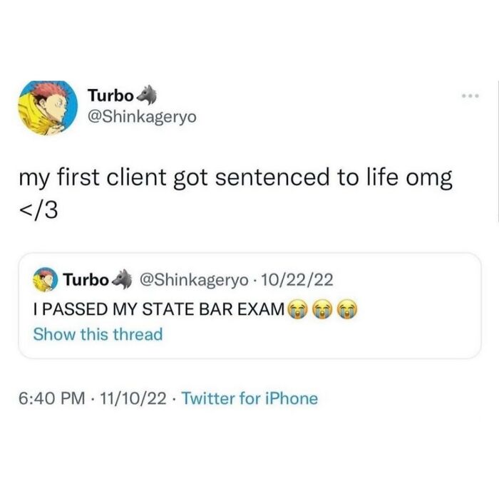 A Serotonin Meme showing a tweet about a lawyer's first client getting life after passing the bar exam.