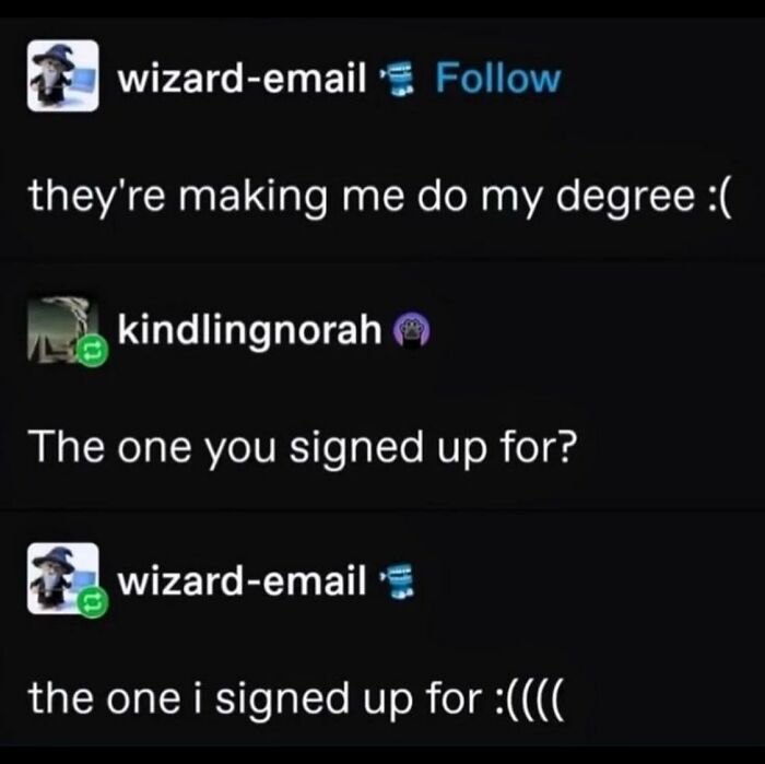 A social media serotonin meme depicting a humorous exchange about having to do a degree one signed up for.
