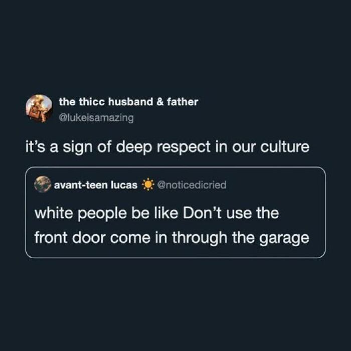 A funny tweet conversation about white people's front door vs. garage entrance culture, included in a compilation of funny tweets.