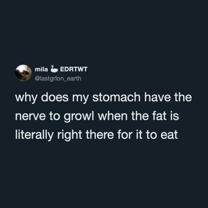 A funny tweet questioning why a stomach growls when fat is available for it to eat, featured in a collection of funny tweets.