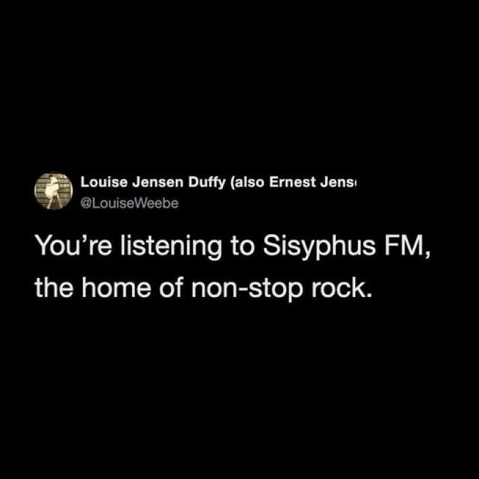 Funny tweet about unhinged listening habits, likening repetitive tasks to non-stop rock music.