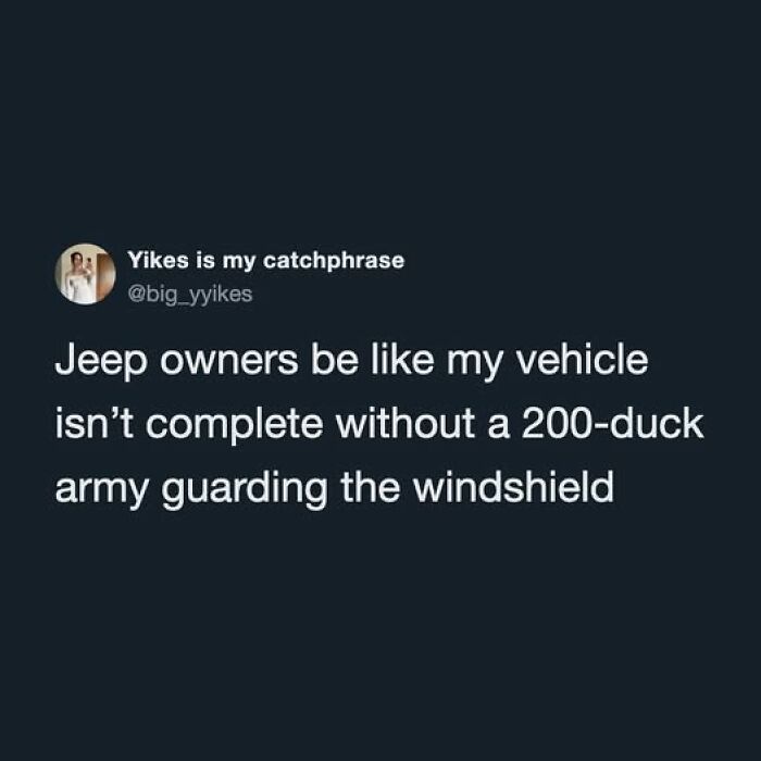 Funny tweets highlighting Jeep owners and their 200-duck army guarding the windshield.