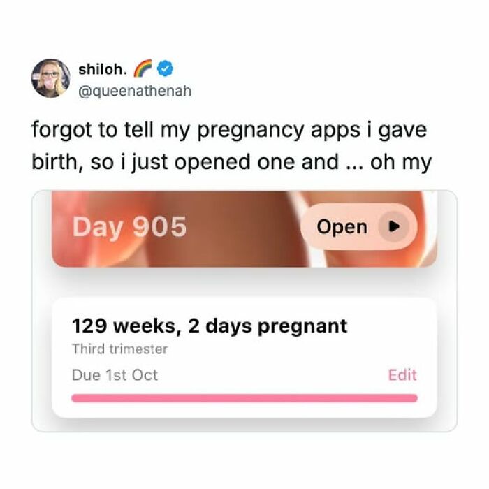 A funny tweet showing a pregnancy app displaying '129 weeks, 2 days pregnant,' highlighting an unhinged oversight.