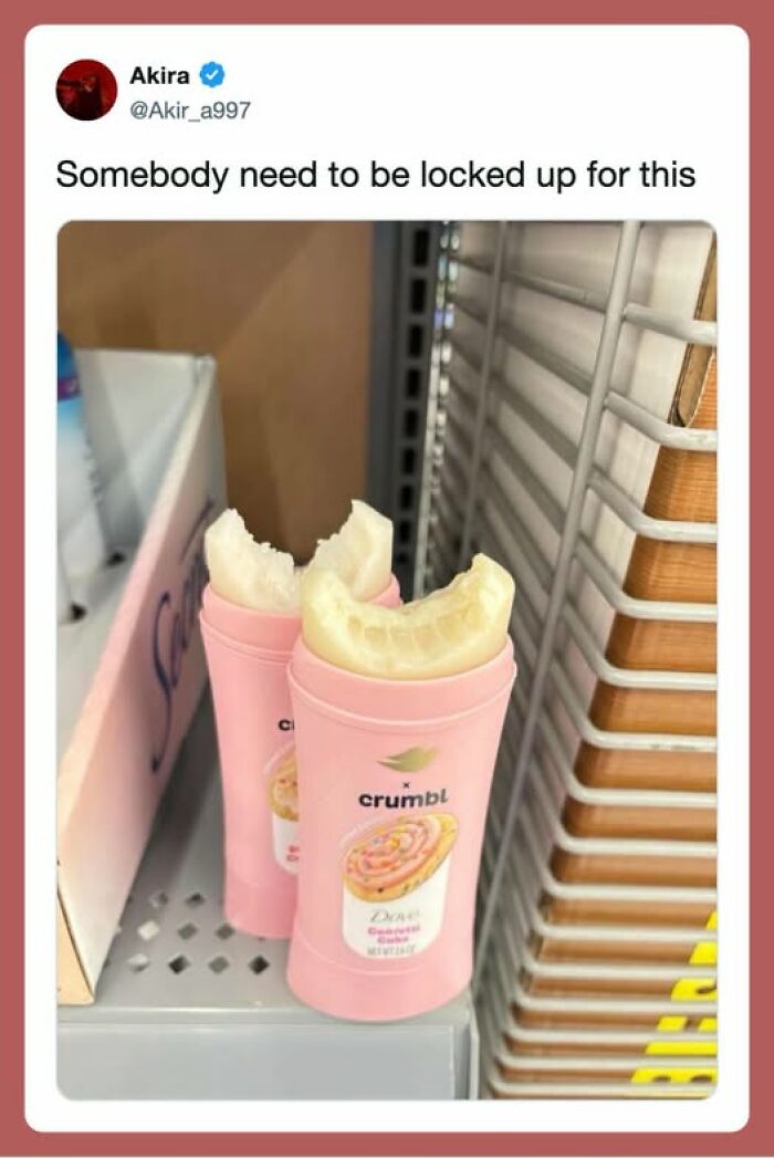 A funny tweet showing a half-eaten cucumber placed inside a deodorant stick in a store aisle, representing unhinged humor.