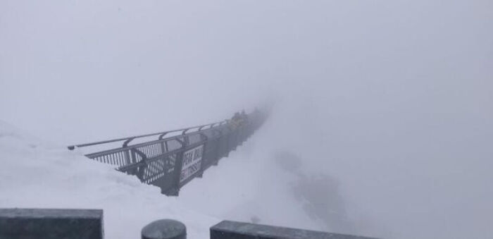 A snow-covered bridge disappearing into thick fog, representing a trip that didn't go as planned.