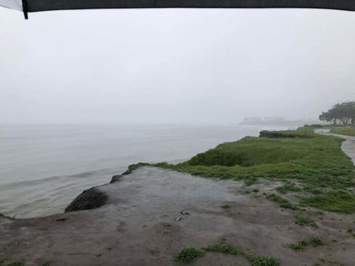 A foggy and rainy ocean view from a cliff, the trips didn't go as planned