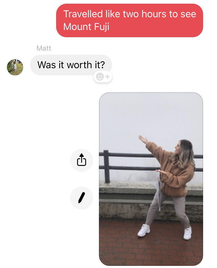 A chat conversation where someone shares a picture of themselves in dense fog, humorously demonstrating a trip to Mount Fuji that didn't go as planned.