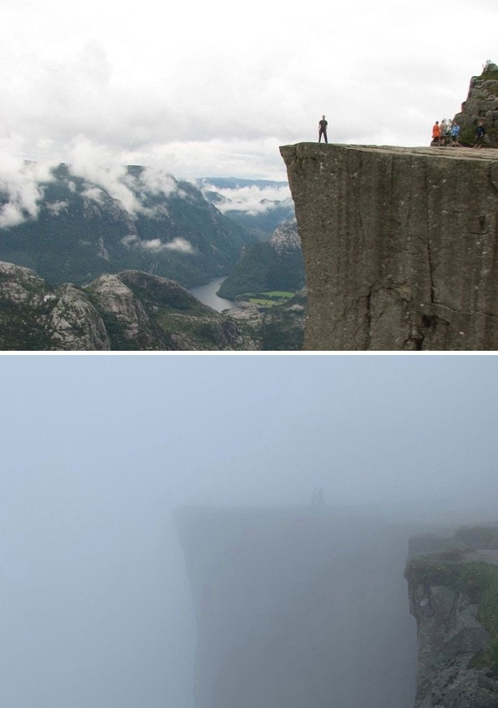 Two images show a cliffside view: one clear, one obscured by fog, highlighting how trips can change unexpectedly.