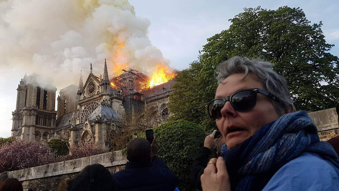 A woman watching the Notre Dame cathedral burning, a trip that didn't go as planned.
