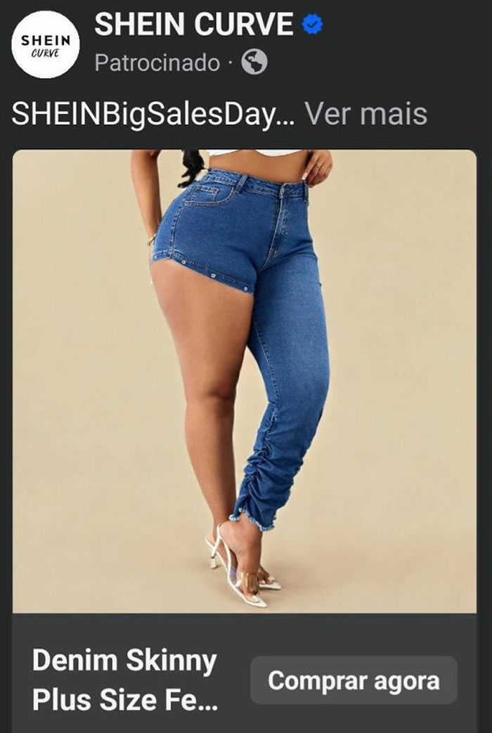 A woman wearing one denim short and one denim pant, an example of hilariously bad fashion crimes.