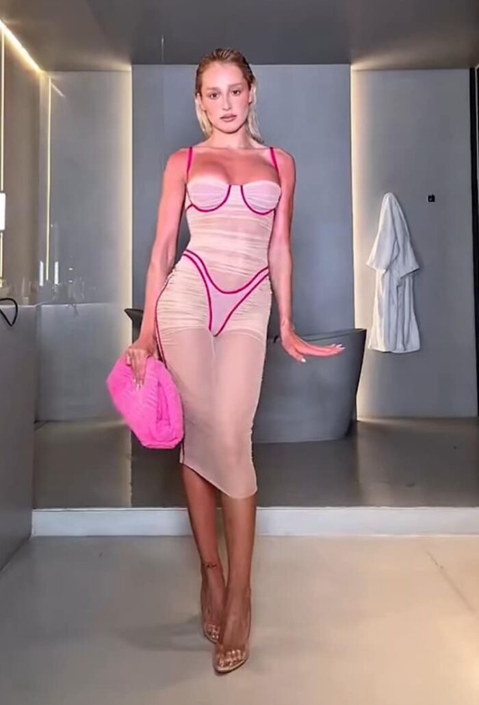 A woman poses in a sheer n**e and pink dress, a hilariously bad fashion crime, with a matching pink fluffy bag.