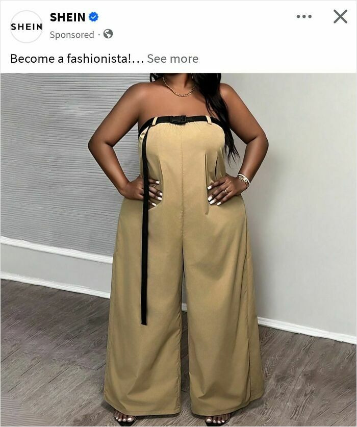 Woman wearing an oversized, ill-fitting beige strapless jumpsuit with a long black belt, a bad fashion crime.