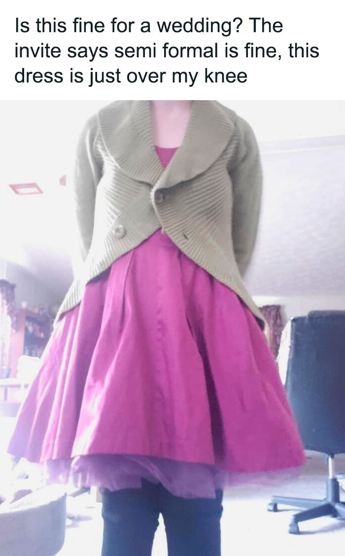 A person in a magenta dress and green cardigan, a bad fashion crime for a wedding.