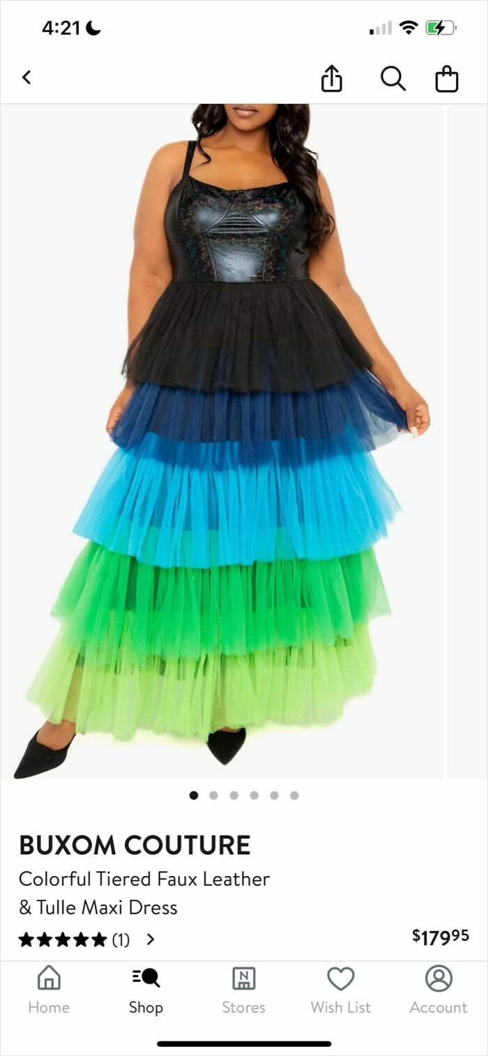 A plus-size model wearing a colorful tiered faux leather and tulle maxi dress, a bad fashion crime.