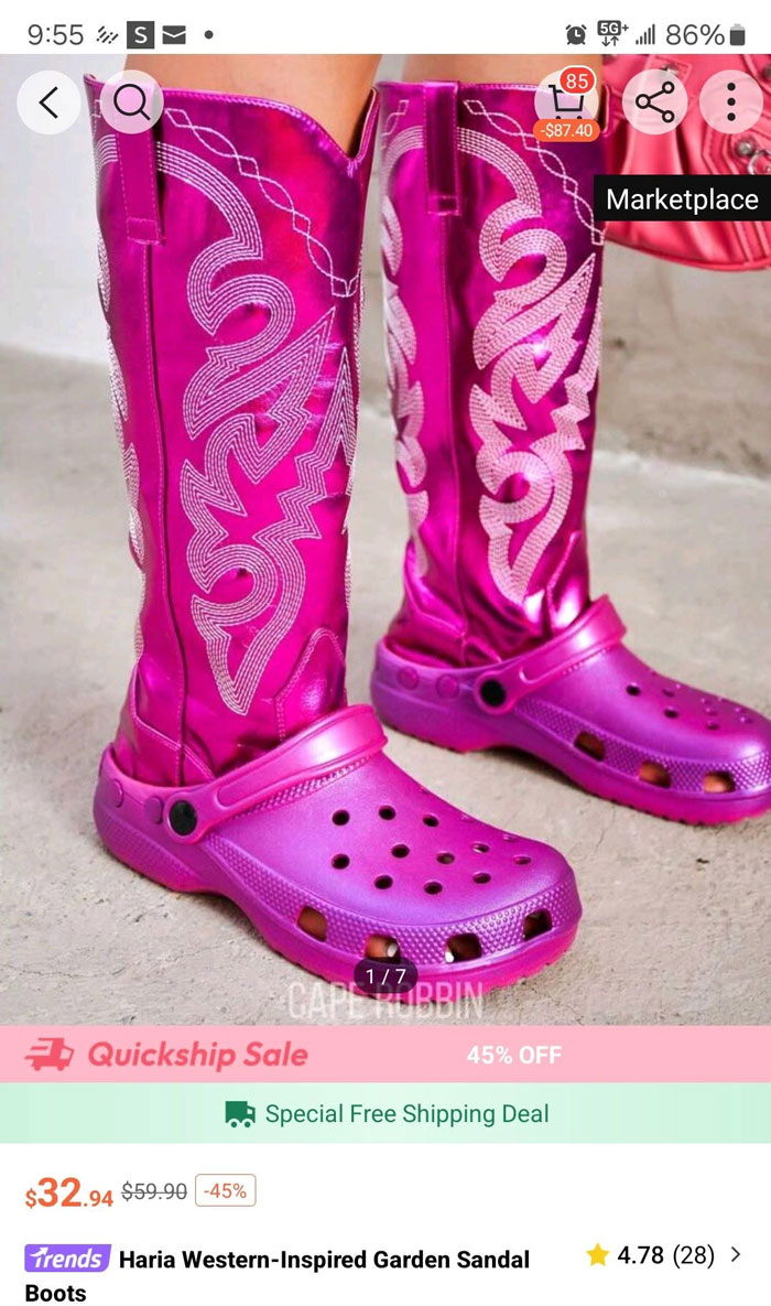 A pair of shockingly bad fashion crime hybrid boots, fuchsia with white embroidery, merging cowboy boots with Crocs.