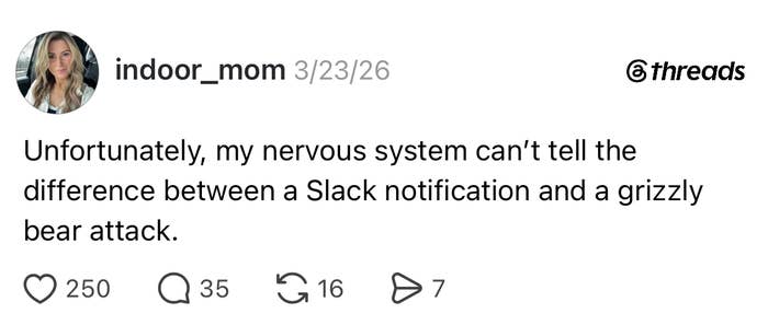 A Threads post on the absurdity of having a job, comparing Slack notifications to a grizzly bear attack.
