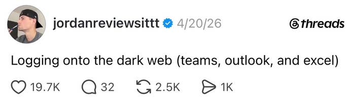 A Threads post about the absurdity of having a job, likening logging into work apps to the dark web.