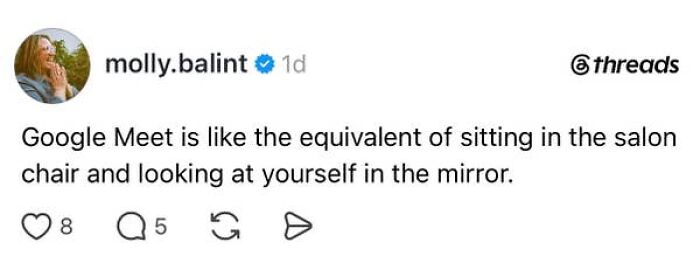A social media post comparing Google Meet to sitting in a salon chair, capturing the absurdity of having a job.