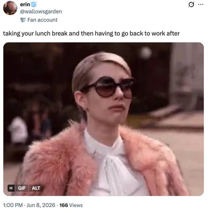 A meme with a woman looking displeased, capturing the absurdity of having a job and returning to work after lunch.