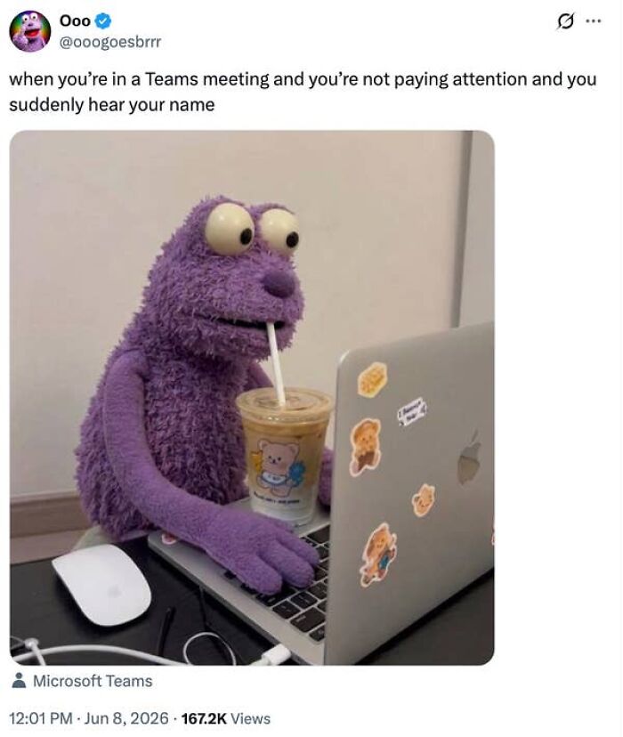 A purple puppet, representing the absurdity of having a job, on a laptop during a Microsoft Teams meeting, not paying attention.