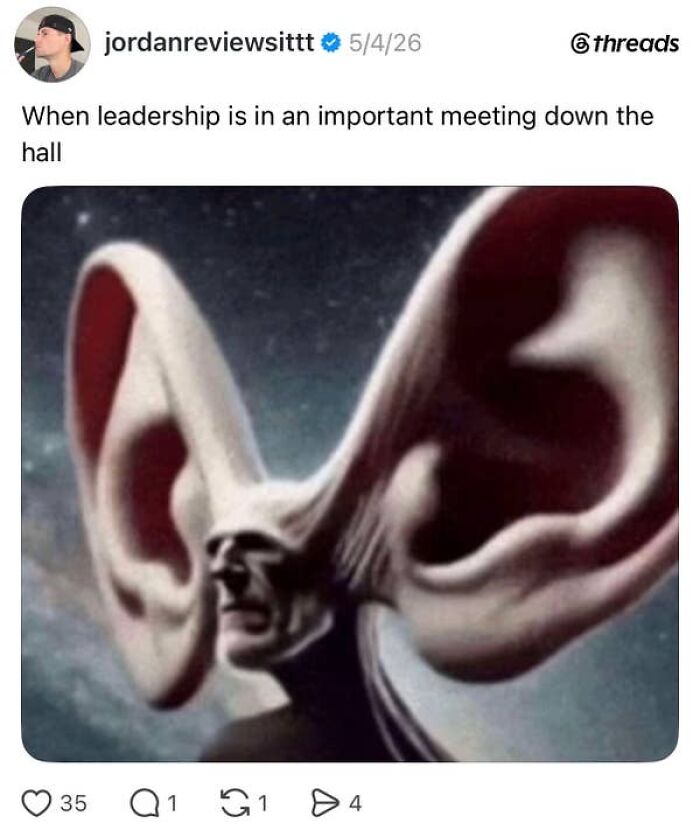 A social media post with a meme of a person with very large ears, relating to leadership meetings and having a job.