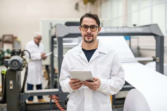 A man in a lab coat holds a tablet in a factory, perhaps contemplating a sick burn or a problem solved.