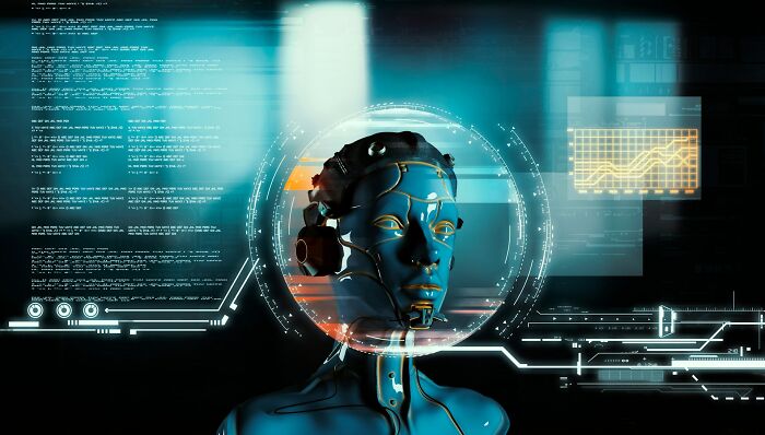 A futuristic blue robot head surrounded by holographic data, illustrating scary science facts about AI and technology.