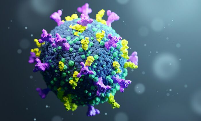 A detailed 3D rendering of a virus particle, representing scary science facts about microscopic threats.