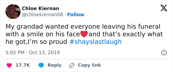 A tweet from Chloe Kiernan describing her grandad's funeral wish to make everyone laugh. A tweet from Chloe Kiernan describing her grandad's funeral wish to make everyone laugh.