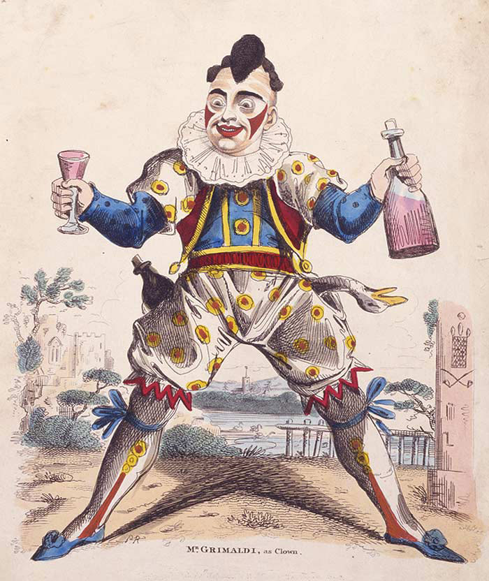 An illustration of Mr. Grimaldi as a clown holding a glass and a bottle, embodying the spirit of making everyone laugh at a funeral. An illustration of Mr. Grimaldi as a clown holding a glass and a bottle, embodying the spirit of making everyone laugh at a funeral.