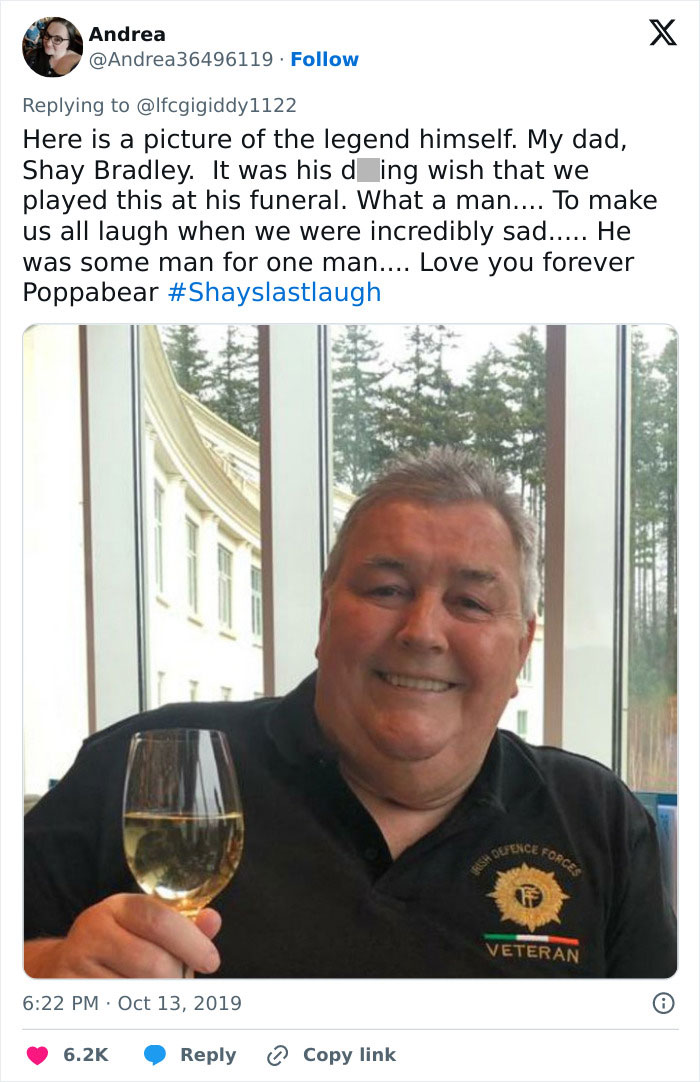 A tweet with a photo of Shay Bradley smiling, fulfilling his final wish to make everyone laugh at his funeral. A tweet with a photo of Shay Bradley smiling, fulfilling his final wish to make everyone laugh at his funeral.