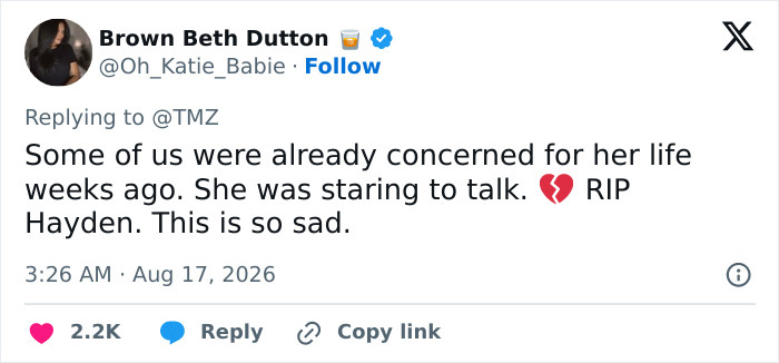 Screenshot of a tweet expressing concern for Hayden Panettiere's life and the dark theory. Screenshot of a tweet expressing concern for Hayden Panettiere's life and the dark theory.