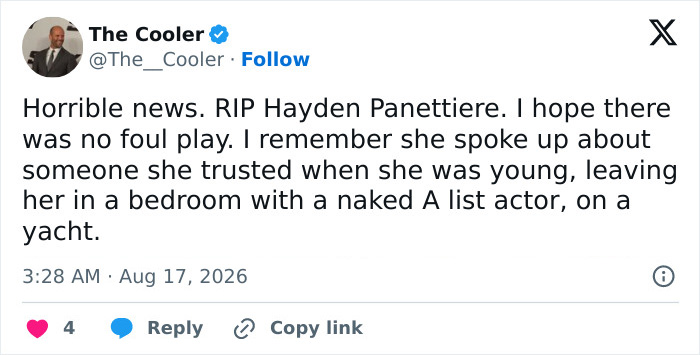 A tweet about Hayden Panettiere's passing sparks dark theory, wishing RIP and mentioning past revelations about her. A tweet about Hayden Panettiere's passing sparks dark theory, wishing RIP and mentioning past revelations about her.