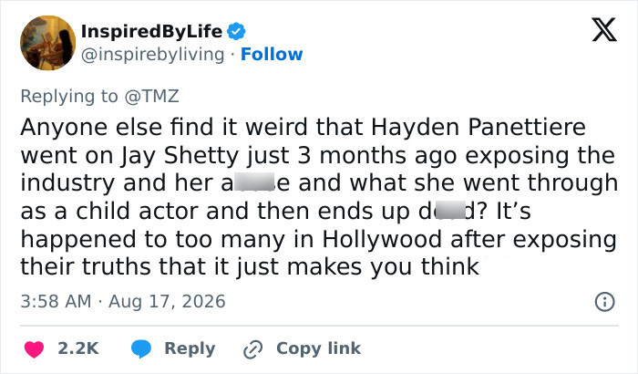 Screenshot of a tweet discussing the dark theory surrounding Hayden Panettiere's passing and recent revelations. Screenshot of a tweet discussing the dark theory surrounding Hayden Panettiere's passing and recent revelations.