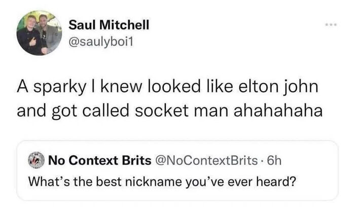 A Twitter conversation where someone shares a funny nickname, showcasing a moment of British humor.