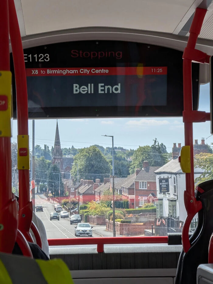 A humorous bus destination sign displaying Bell End, a prime example of British humor and quirky place names.