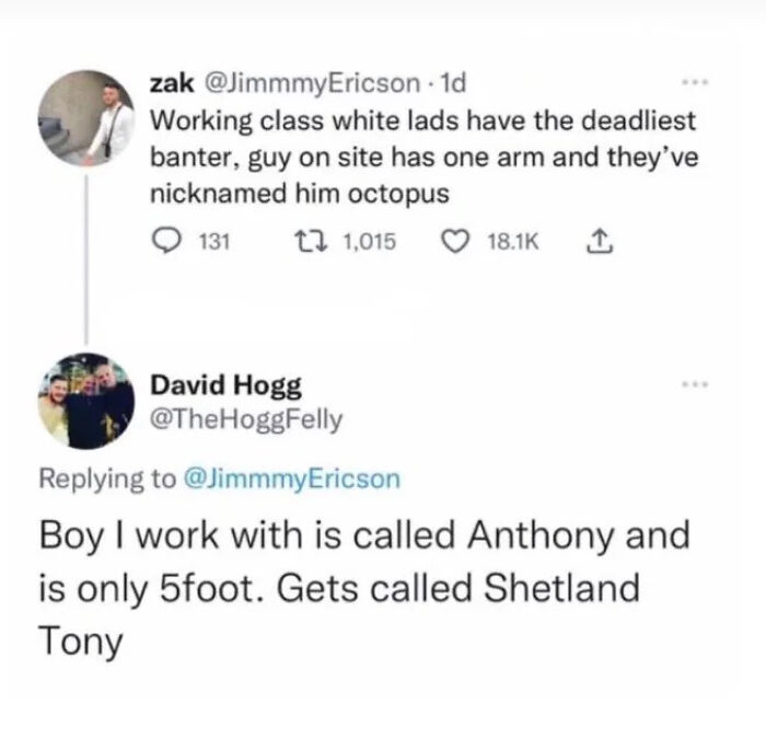 A screenshot showing two tweets about dry British humor, with one user sharing a coworker nicknamed Octopus and another sharing a coworker nicknamed Shetland Tony.