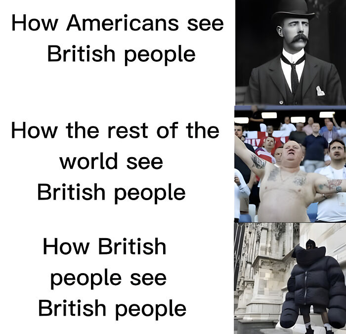 A meme comparing how different cultures perceive British people, showcasing the unique British humor.