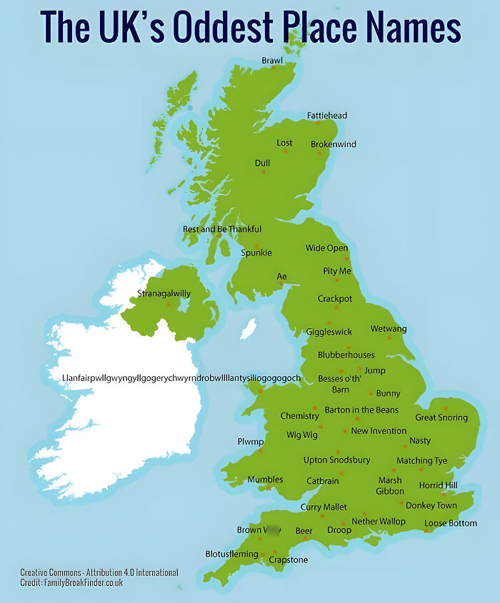 A map of the UK highlighting several towns with humorous, odd place names, exemplifying dry British humor.